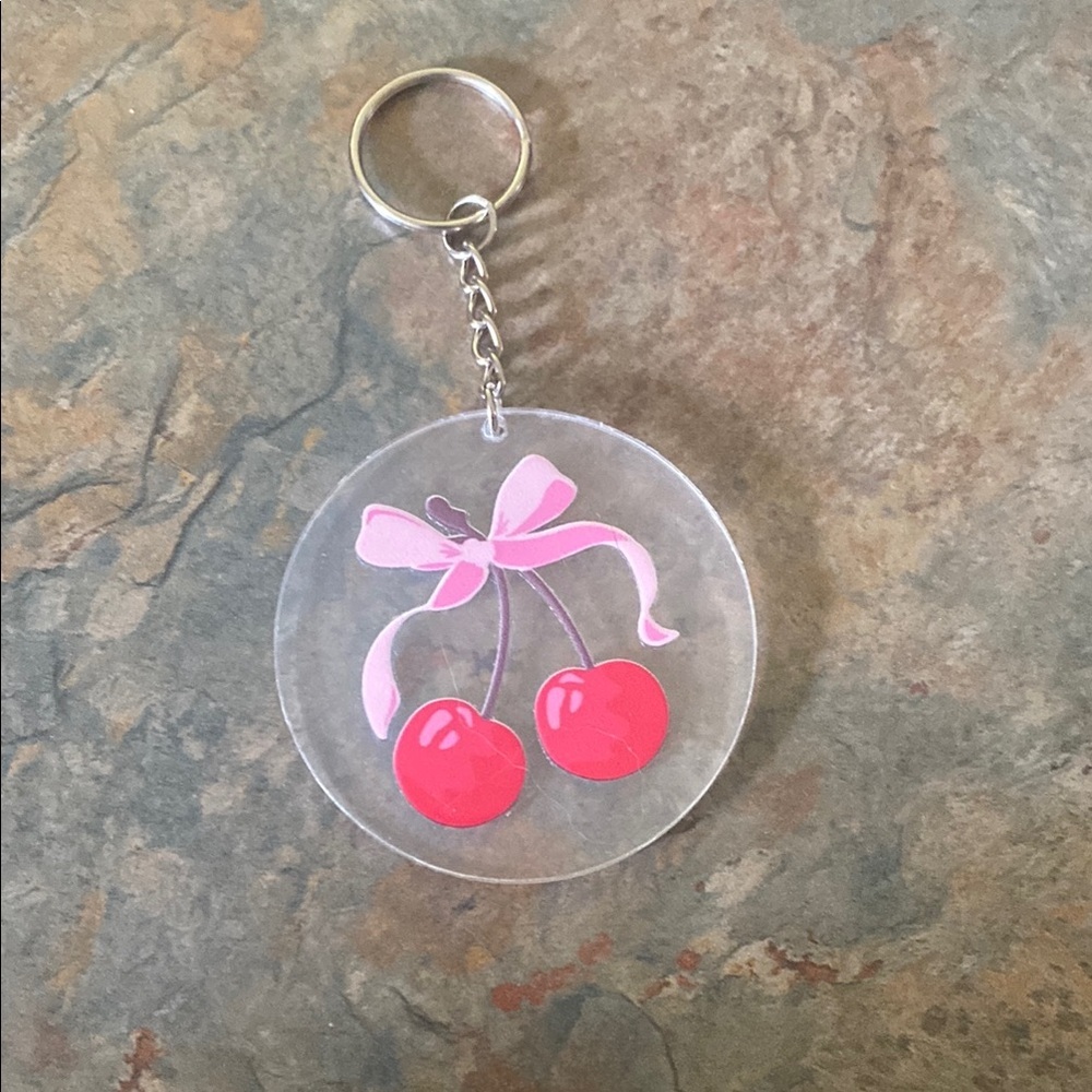 Plastic and Clear Cherry Keychain with Pink Bow NWOT